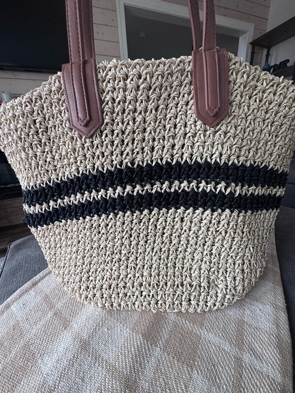 A.N.A Woven Straw Tote Bag with Black Stripe and Brown Handles/Zipper Closure